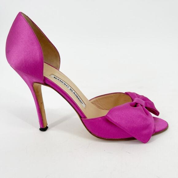 Manolo Blahnik Fuchsia Pink Silk Satin Bow Detail Peep Toe D'Orsay Pump IT 38 - Picture 3 of 14